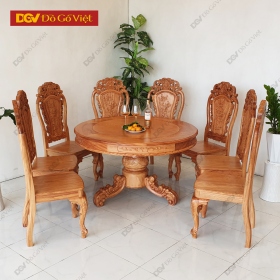 Bộ Bàn Ăn Tròn Chân Trụ Chạm To Gỗ Gõ Đỏ 100% Cao Cấp 8 Ghế Giá Tốt