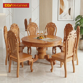 Bộ Bàn Ăn Tròn Chân Trụ Chạm To Gỗ Gõ Đỏ 100% Cao Cấp 8 Ghế...