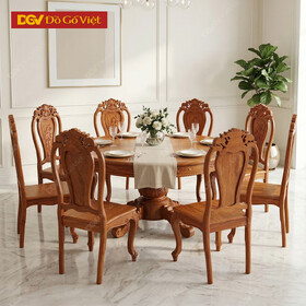 Bộ Bàn Ăn Tròn Gõ Đỏ 8 Ghế