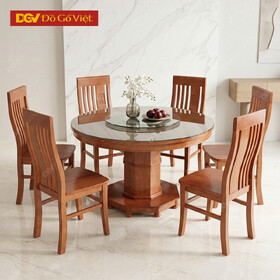 Bộ Bàn Ăn Tròn Mâm Xoay Gỗ Sồi Nga 6 Ghế