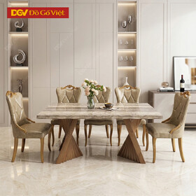 Bộ Bàn Ghế Ăn Tân Cổ Điển Gỗ Sồi Mặt Đá Sang Trọng Đẹp Rẻ