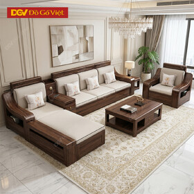 Bộ Bàn Ghế Sofa Gỗ Óc Chó Chân Bệt Tay Cong Lượn Nghệ Thuật