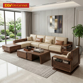 Bộ Sofa Góc L Gỗ Óc Chó Tự Nhiên Chân Bệ Giật Cấp Hiện Đại