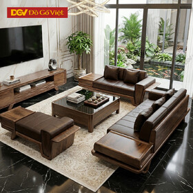 Bộ Sofa Óc Chó 2 Văng Chân Liền Tay Bo Đệm Da Sang Trọng