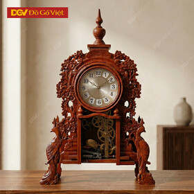 Đồng Hồ Để Bàn Gỗ Hương Đỏ Điêu Khắc Khổng Tước Khai Bình