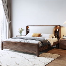 Giường Bọc Nệm Chân Cao Gỗ Óc Chó Kèm Kệ Lưu Trữ Tiện Lợi
