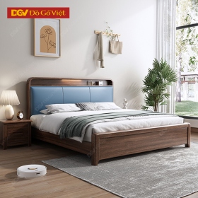Giường Bọc Nệm Gỗ Veneer Óc Chó Kết Hợp Kệ Đèn Led Hiện Đại
