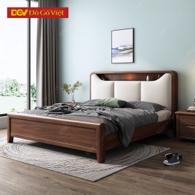 Giường Ngủ Gỗ Veneer Óc Chó Đầu Bọc Nệm Kèm Kệ Tiện Nghi