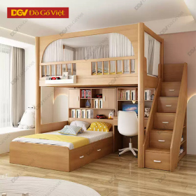 Giường Đôi 2 Tầng Gỗ Tự Nhiên Kèm Bàn Và Kệ Sách Tiện Nghi