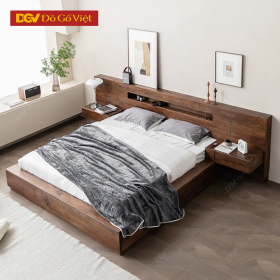 Giường Gỗ Veneer Óc Chó Kiểu Nhật Có Kệ Đa Năng Tiện Dụng