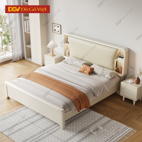 Giường Gỗ Veneer Óc Chó Sơn Trắng Có Kệ Và Nệm Tựa Đầu Êm...