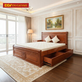 Giường Gỗ Xoan Đào Đầu Pano Chạm Hoa Kèm Hộc Kéo Tiện Ích