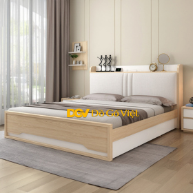 Giường Nằm Bọc Nệm Kiểu Chân Cao Đầu Có Kệ Trang Trí