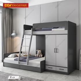 Giường Ngủ 2 Tầng Gỗ MDF Tích Hợp Tủ Áo Quần Và Kệ Màu Xám