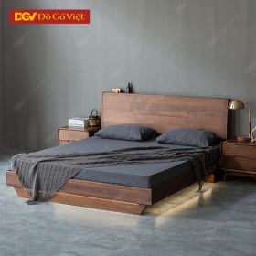 Giường Ngủ Bắc Âu Gỗ Veneer Óc Chó Kết Hợp Đèn Led Độc...
