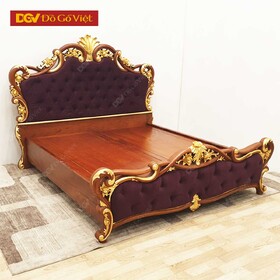Giường Ngủ Cổ Điển Chạm Hoa Hồng Giác Vàng Bọc Nệm Gỗ Gõ Đỏ