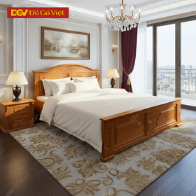 Giường Ngủ Gỗ Gõ Đỏ Veneer Đầu Vom Chạm Hoa Văn Tinh Xảo