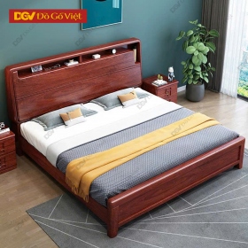 Giường Ngủ Gỗ Veneer Xoan Màu Nâu Đỏ Đẹp Kèm Kệ Tiện Ích