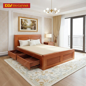 Giường Ngủ Gỗ Xoan Veneer Mẫu Pano Trơn Kèm Hộc Kéo