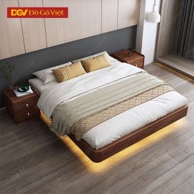 Giường Ngủ Không Đầu Gỗ Veneer Óc Chó Phối Led Độc Đáo