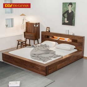 Giường Ngủ Gỗ Cao Su Veneer Óc Chó Kèm Kệ Đèn Led Hiện Đại