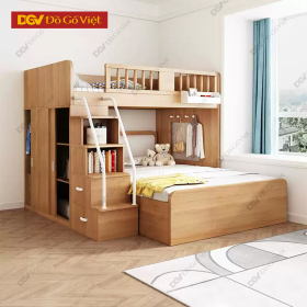 Giường Tầng Gỗ Sồi Cho Trẻ Em Có Kệ Cầu Thang Tiện Ích