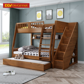 Giường Tầng Gỗ Sồi Màu Nâu Tích Hợp Kệ Đa Năng Tiện Ích