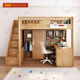 Giường Tầng Gỗ Sồi Tích Hợp Tủ Áo Và Kệ Trưng Bày Đa Năng