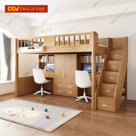 Giường Tầng Thông Minh Gỗ Sồi Tích Hợp Tủ Áo Và Kệ Trưng Bày