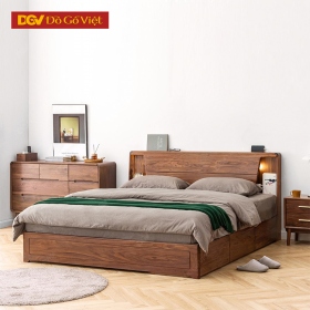 Giường Veneer Óc Chó Đẹp Kết Hợp Kệ Led Và Ngăn Kéo Vai
