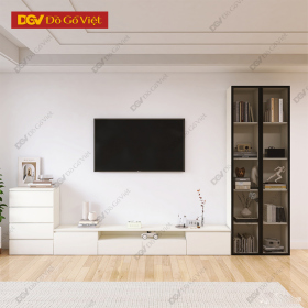 Kệ Tivi Gỗ MDF Màu Trắng Kết Hợp Tủ Kính Trưng Bày Hiện Đại