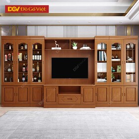 Kệ Tivi Gỗ Veneer Sồi Nâu Kèm Tủ Rượu Cánh Kính Hiện Đại