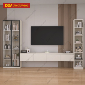 Kệ Tivi MDF Màu Trắng Kết Hợp Tủ Kính Trưng Bày Hiện Đại