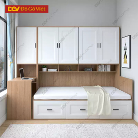 Kiểu Giường Liền Tủ Áo Màu Sồi Cánh Trắng Có Hộc Kéo Giá Rẻ