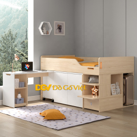 Kiểu Giường Tầng Đa Ngăn Cho Trẻ Nhỏ Màu Vàng Sồi Phối Trắng
