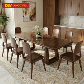 Mẫu Bàn Ăn Gỗ Óc Chó Sang Trọng Chân Trụ Lớn Ghế Thanh Lịch