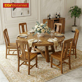 Mẫu Bàn Ăn Tròn 6 Ghế Gỗ Gõ Đỏ Chân Chéo Chữ X Chắc Chắn