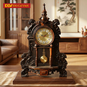 Mẫu Đồng Hồ Để Bàn Gỗ Mun Sọc Điêu Khắc Bát Mã Đỉnh Nhọn