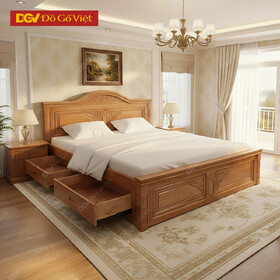 Mẫu Giường Gỗ Sồi Đầu Vòm Chạm Hoa Đẹp Kèm 2 Ngăn Kéo Vai