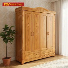 Mẫu Tủ Áo Gỗ Gõ Đỏ Mẫu Vòm 4 Cánh Trơn Kèm Ngăn Kéo Ngoài