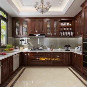 Mẫu Tủ Bếp Hiện Đại Gỗ Gõ Đỏ Kiểu Chữ U Màu Nâu Bền Đẹp