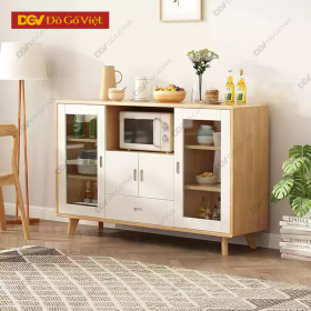 Mẫu Tủ Gỗ Cánh Kính Để Đồ Dùng Nhà Bếp Vân Sồi Tự Nhiên