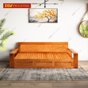 Sofa Giường Kéo Gỗ Gõ Đỏ Mặt Ngồi Dạng Nan Kèm Hộc Kéo