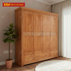 Tủ Áo 4 Cánh Gỗ Gõ Đỏ Kẻ Vân Sóng Đẹp Kèm Hộc Kéo Ngoài