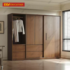Tủ Áo Cánh Lùa Có Kệ Và Ngăn Kéo Ngoài Gỗ Veneer Sồi
