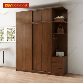 Tủ Áo Cửa Lùa Gỗ Cao Su Phủ Veneer Sồi Có Kệ Và Nóc Đẹp