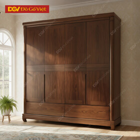 Tủ Áo Gỗ Óc Chó Veneer 2 Buồng 4 Cánh Kiểu Trơn Hiện Đại