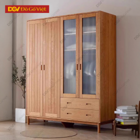 Tủ Áo Gỗ Sồi 4 Cánh Nan Phối Kính Hiện Đại Kèm Hộc Kéo