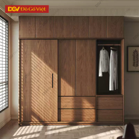 Tủ Áo Gỗ Veneer Sồi Màu Óc Chó Hiện Đại Có Kệ Nóc Rộng Rãi