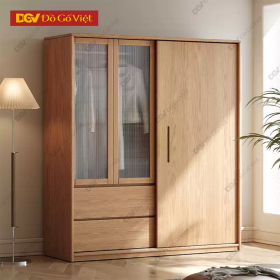 Tủ Áo Gỗ Veneer Vân Sồi Cửa Lùa Phối Cánh Kính Đẹp